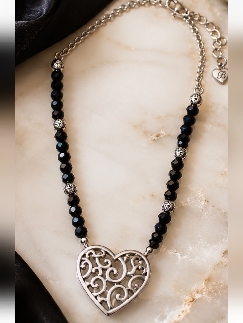 Brighton Milas Retired Black Crystal Filigree Heart Necklace Silver Tone Adjusta